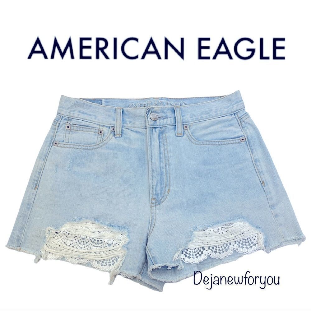 American Eagle Womens Blue Light Wash High Rise Distressed Mom Shorts